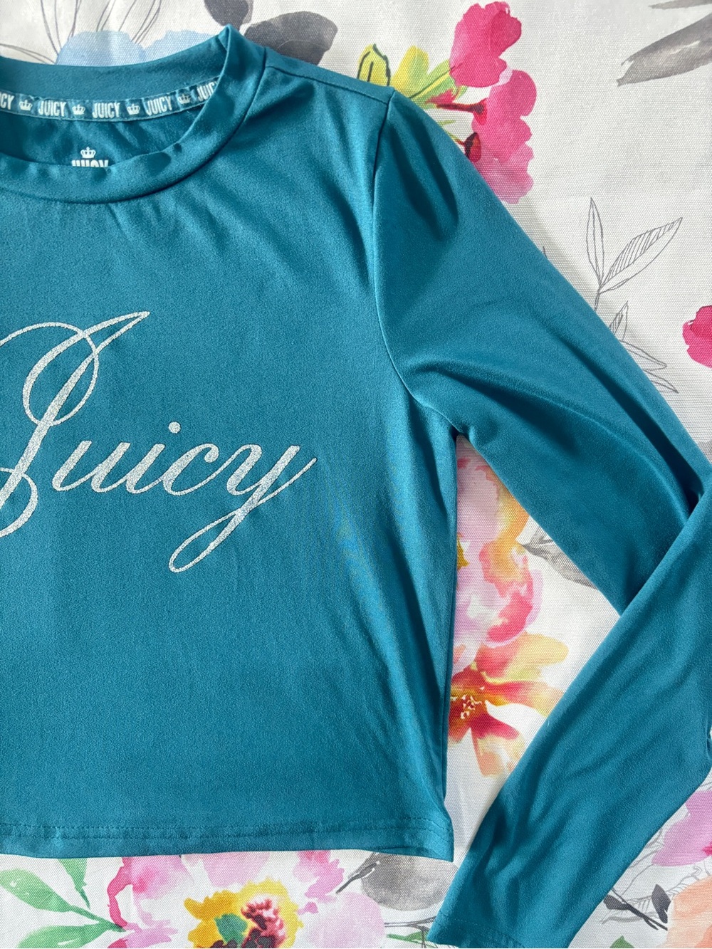 Juicy Couture - Women’s Teal Long Sleeve Logo Crop Top